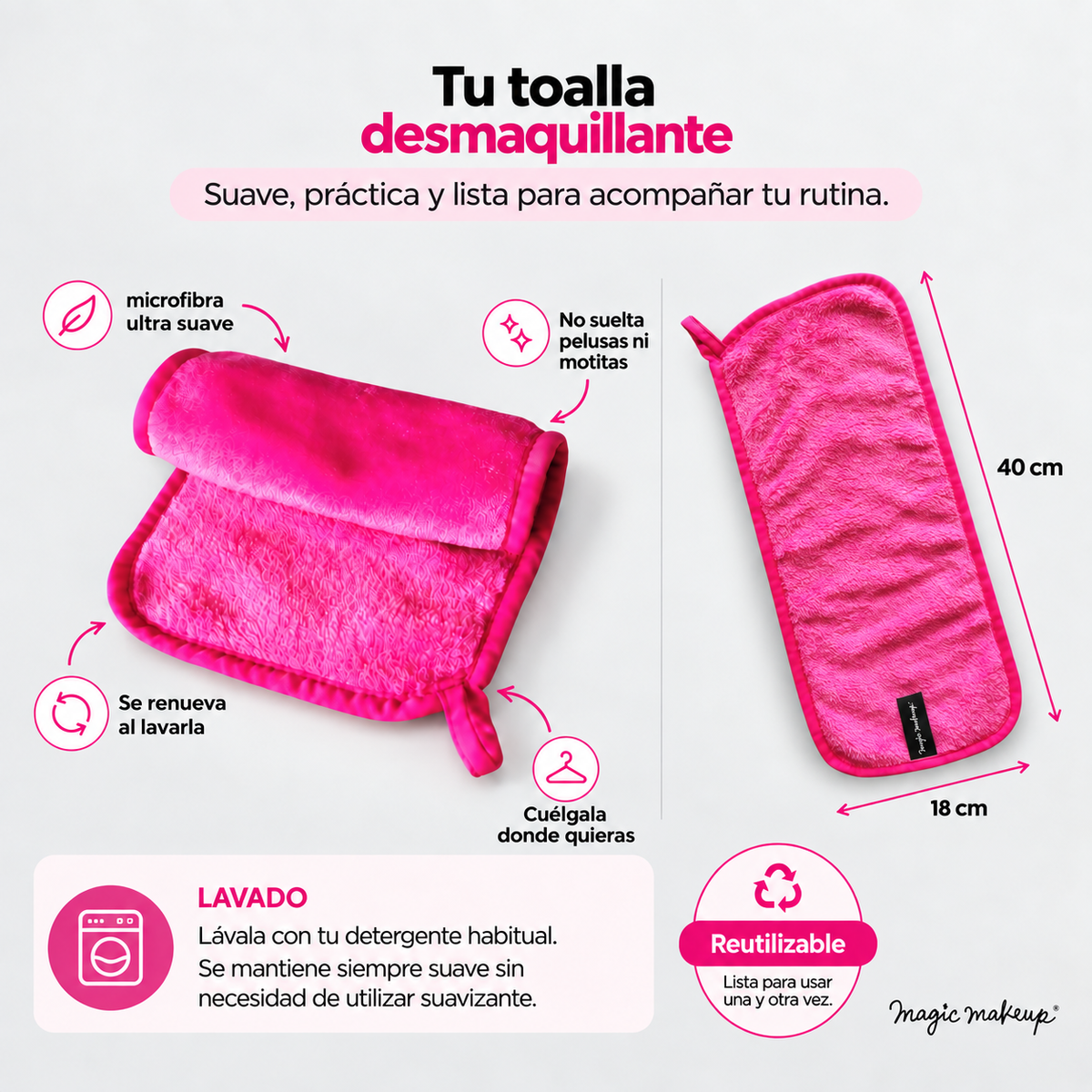 Tu toalla desmaquillante: suave, práctica y lista para acompañar tu rutina; medidas 40 x 18 cm, se lava con detergente habitual